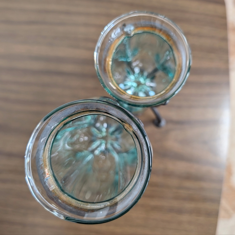 Pair Of Blown Caged Glass & Wrought Iron Metal Footed Vases Industrial Brutalist - Picture 11 of 14